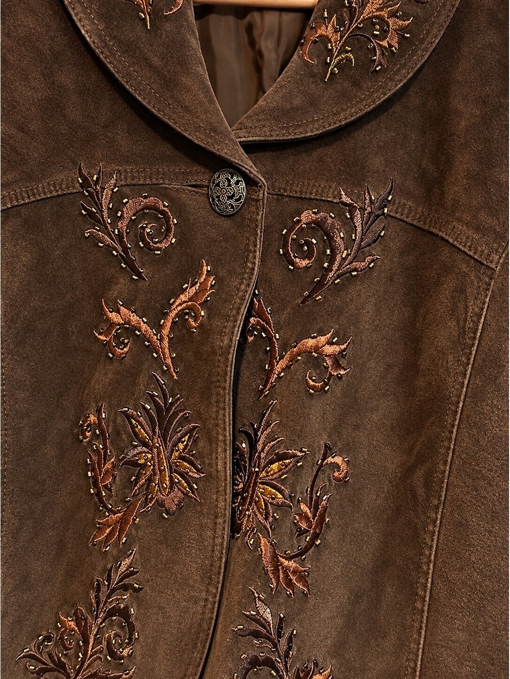 Coldwater Creek Brown Genuine Leather Embroidered Jacket Womens XL Floral Beaded - Picture 5 of 5
